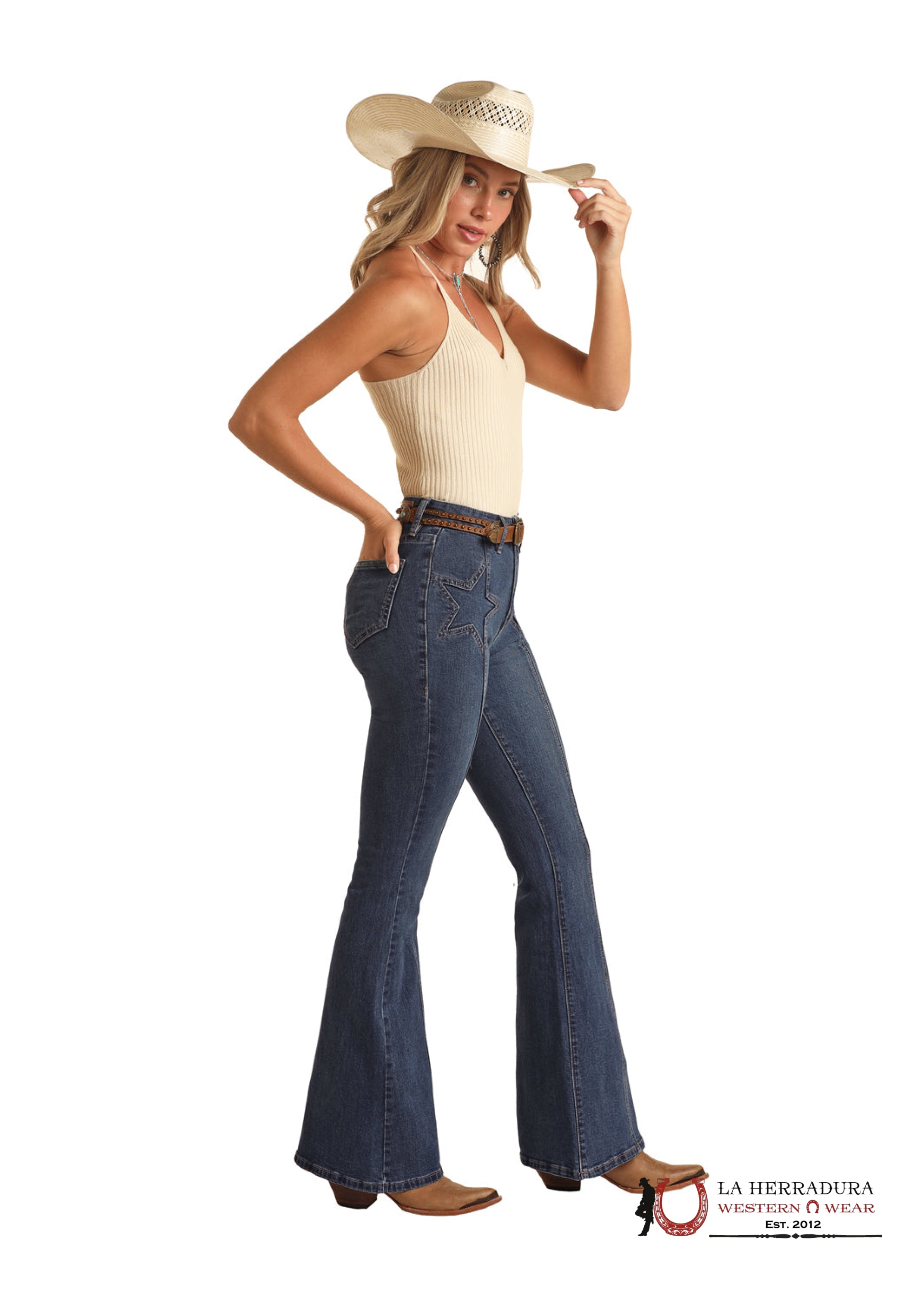 ROCK AND ROLL MEDIUM WASH FRONT STAR HIGH RISE FLARE BW6HD04026 ROCK&ROLL JEANS WOMEN