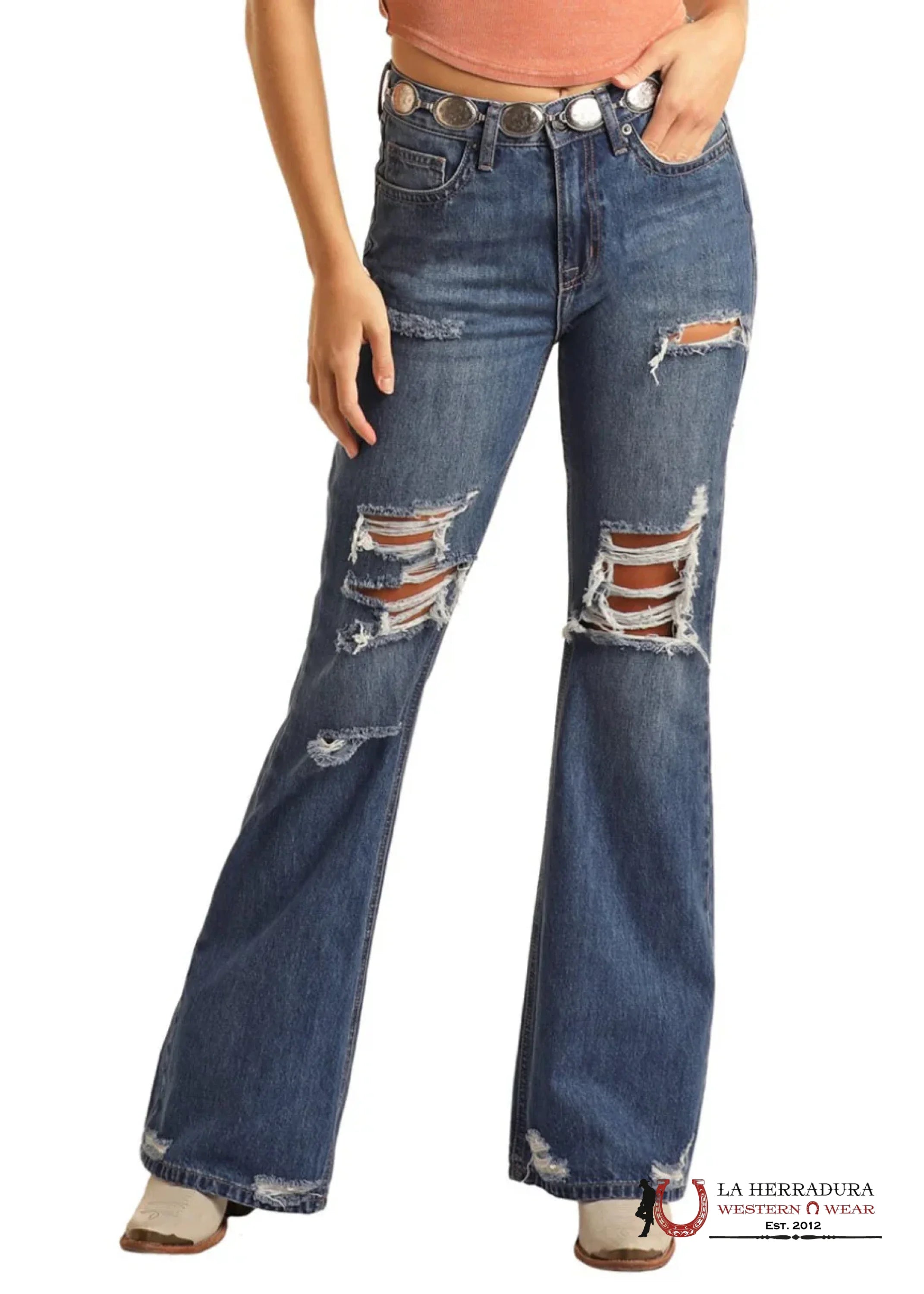 ROCK AND ROLL MEDIUM WASH RELAXED FLARE WITH TEARS BW6HD03997 ROCK&ROLL JEANS WOMEN