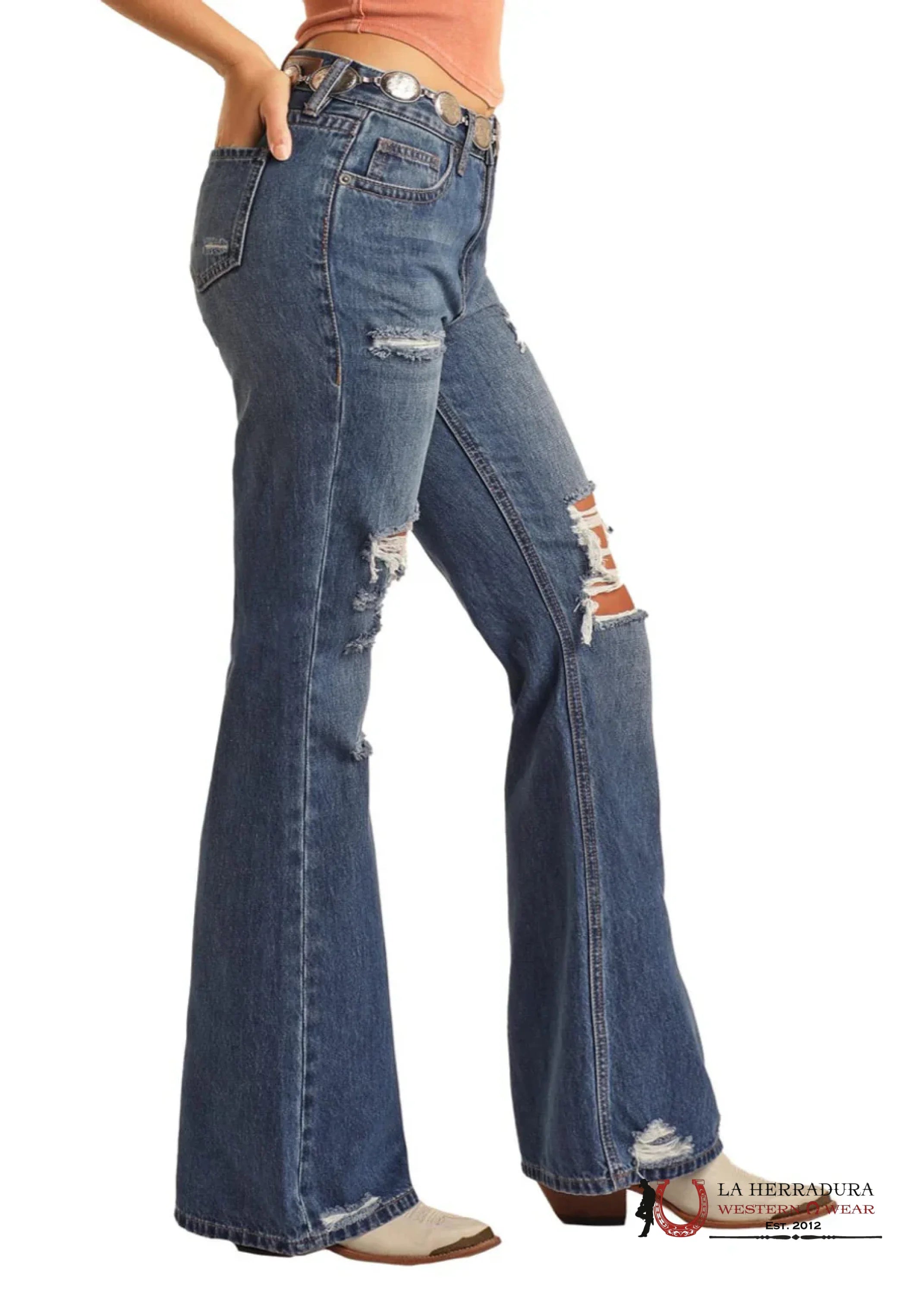 ROCK AND ROLL MEDIUM WASH RELAXED FLARE WITH TEARS BW6HD03997 ROCK&ROLL JEANS WOMEN