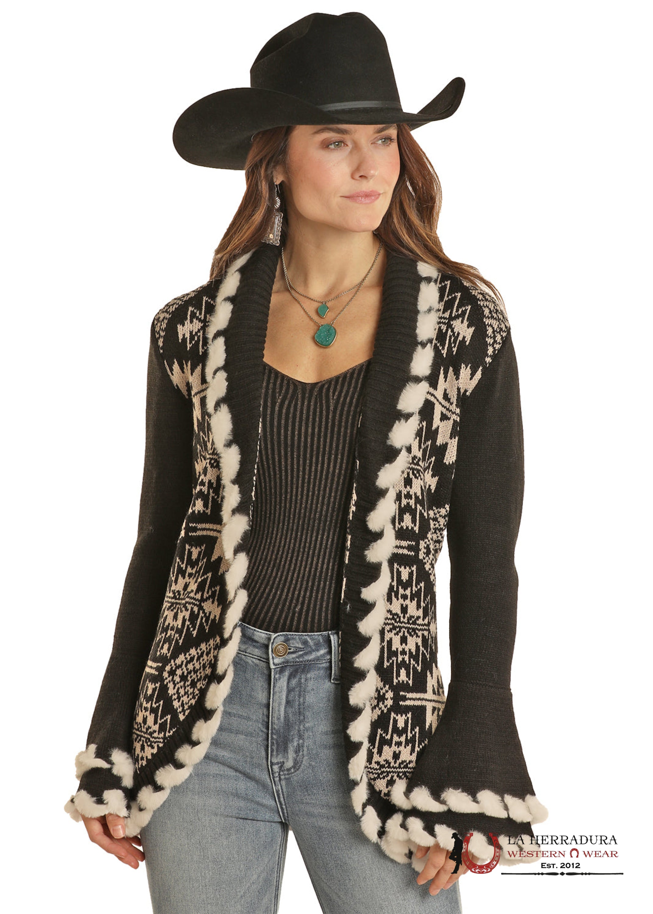 ROCK AND ROLL WOMEN AZTEC CARDIGAN W FUR LACING BLACK DW95C01970 ROPA MUJERES