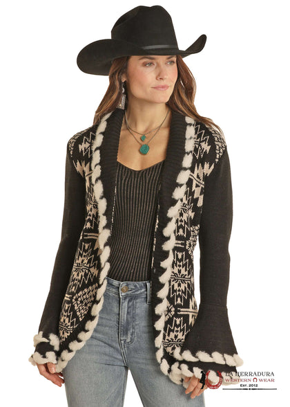 CHAQUETA DE PUNTO AZTECA DE MUJER ROCK AND ROLL CON CORDONES DE PELO NEGRO DW95C01970
