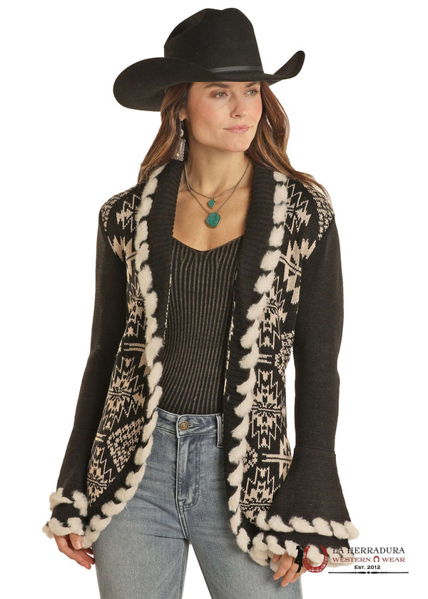 CHAQUETA DE PUNTO AZTECA DE MUJER ROCK AND ROLL CON CORDONES DE PELO NEGRO DW95C01970