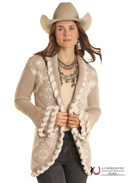 ROCK AND ROLL WOMEN CÁRDIGAN AZTECA CON CORDONES DE PELO COLOR CAMEL DW95C01971