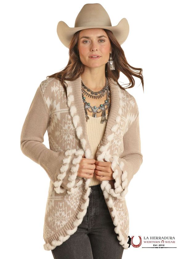 ROCK AND ROLL WOMEN CÁRDIGAN AZTECA CON CORDONES DE PELO COLOR CAMEL DW95C01971