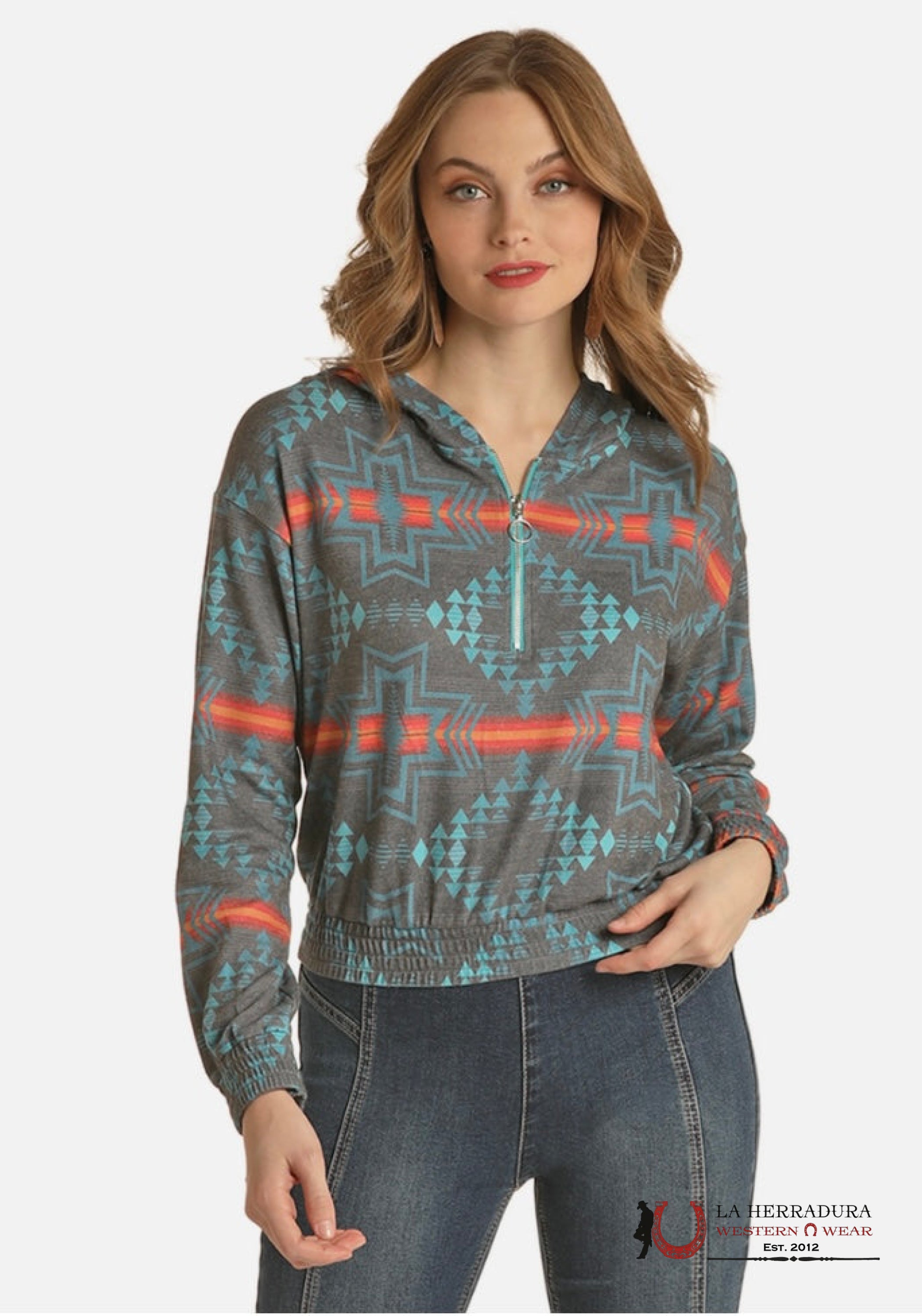 ROCK AND ROLL WOMEN TURQUOISE AZTEC PRINT HOODIE RRWT94R04C ROPA MUJERES