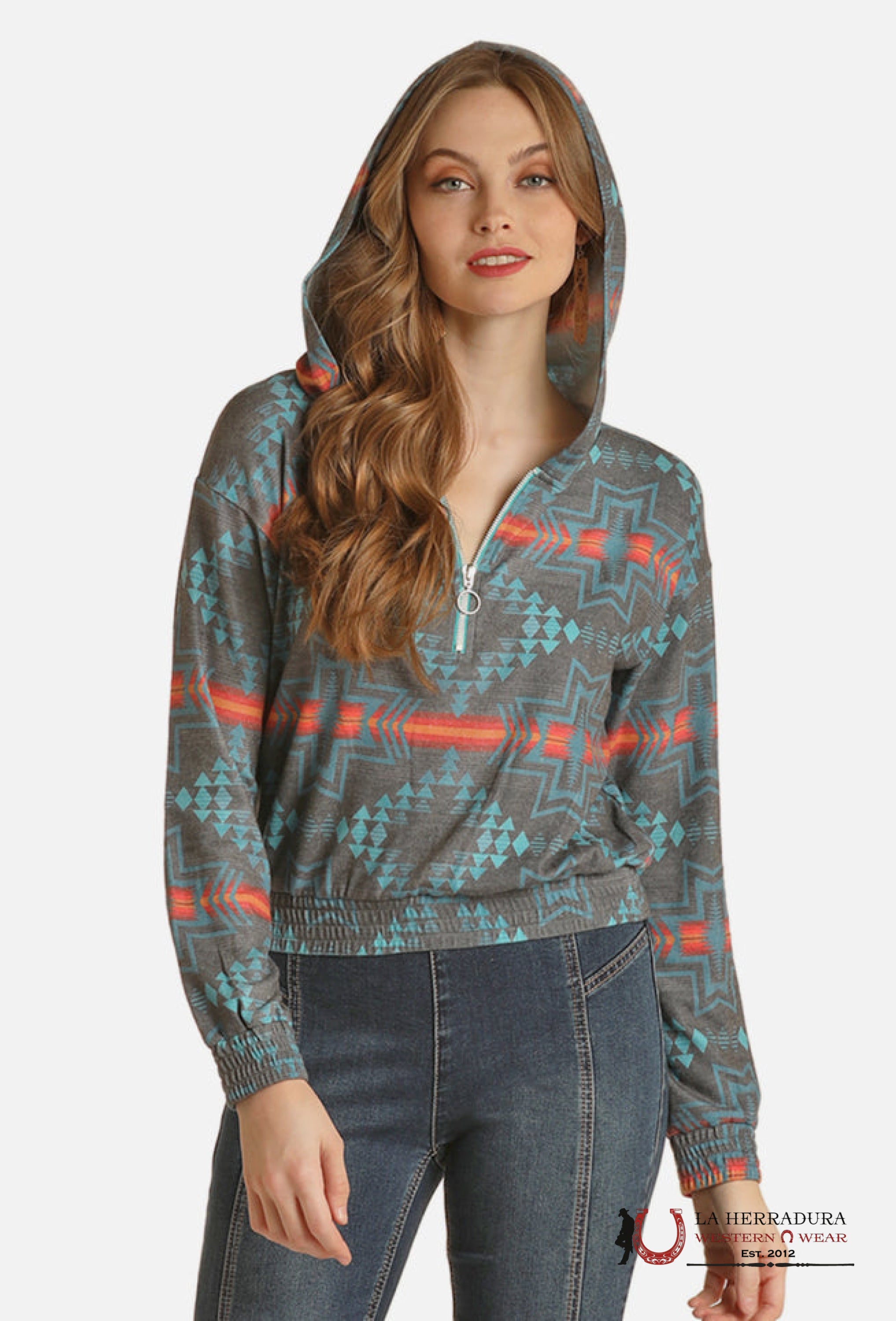 ROCK AND ROLL WOMEN TURQUOISE AZTEC PRINT HOODIE RRWT94R04C ROPA MUJERES