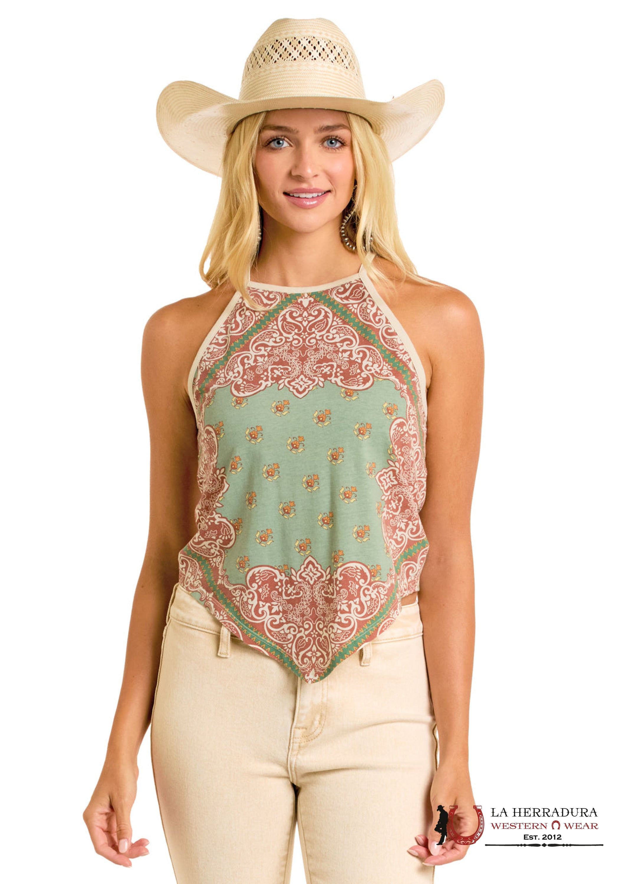 Rock&Roll Aqua Scarf Print Tank Top Shirt - 6288 ROPA MUJERES