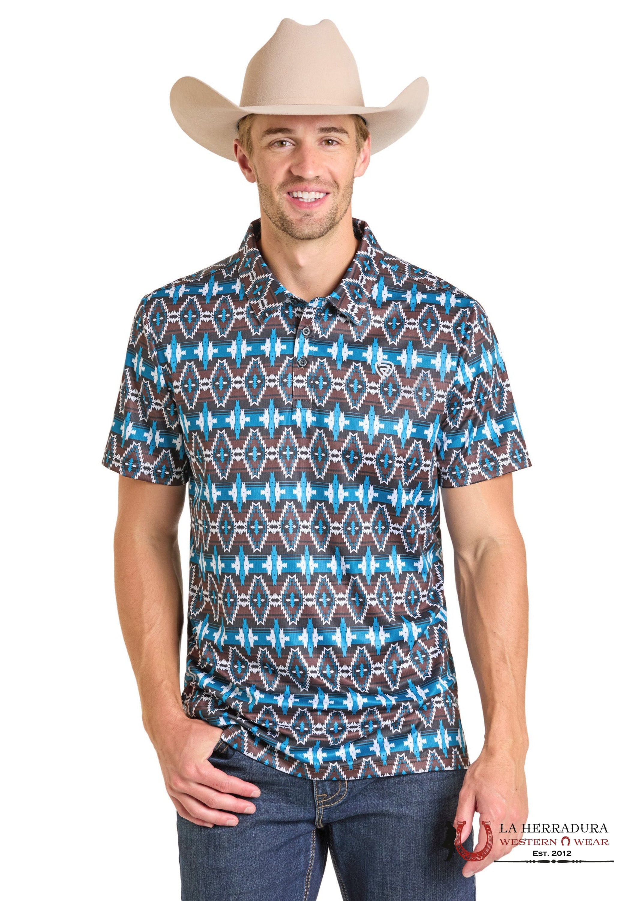 ROCK&ROLL AZTEC POLO SHIRT BLACK & BLUE AZTEC PRINT BM51T07273 ROPA HOMBRES