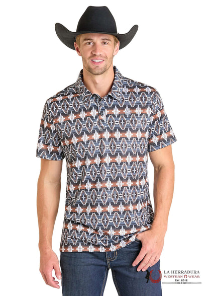 ROCK&ROLL AZTEC POLO SHIRT BLACK BROWN WHITE AZTEC PRINT POLO BM51T07272