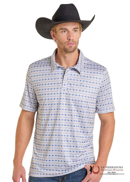 ROCK&ROLL AZTEC POLO SHIRT NATURAL & BLUE TM51T07269