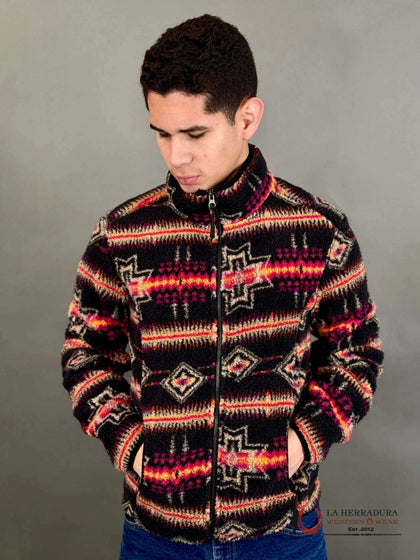 CHAQUETA BEREBER CON ESTAMPADO AZTECA ROCK & ROLL NEGRA C/FUCSIA RRMO92RZWX