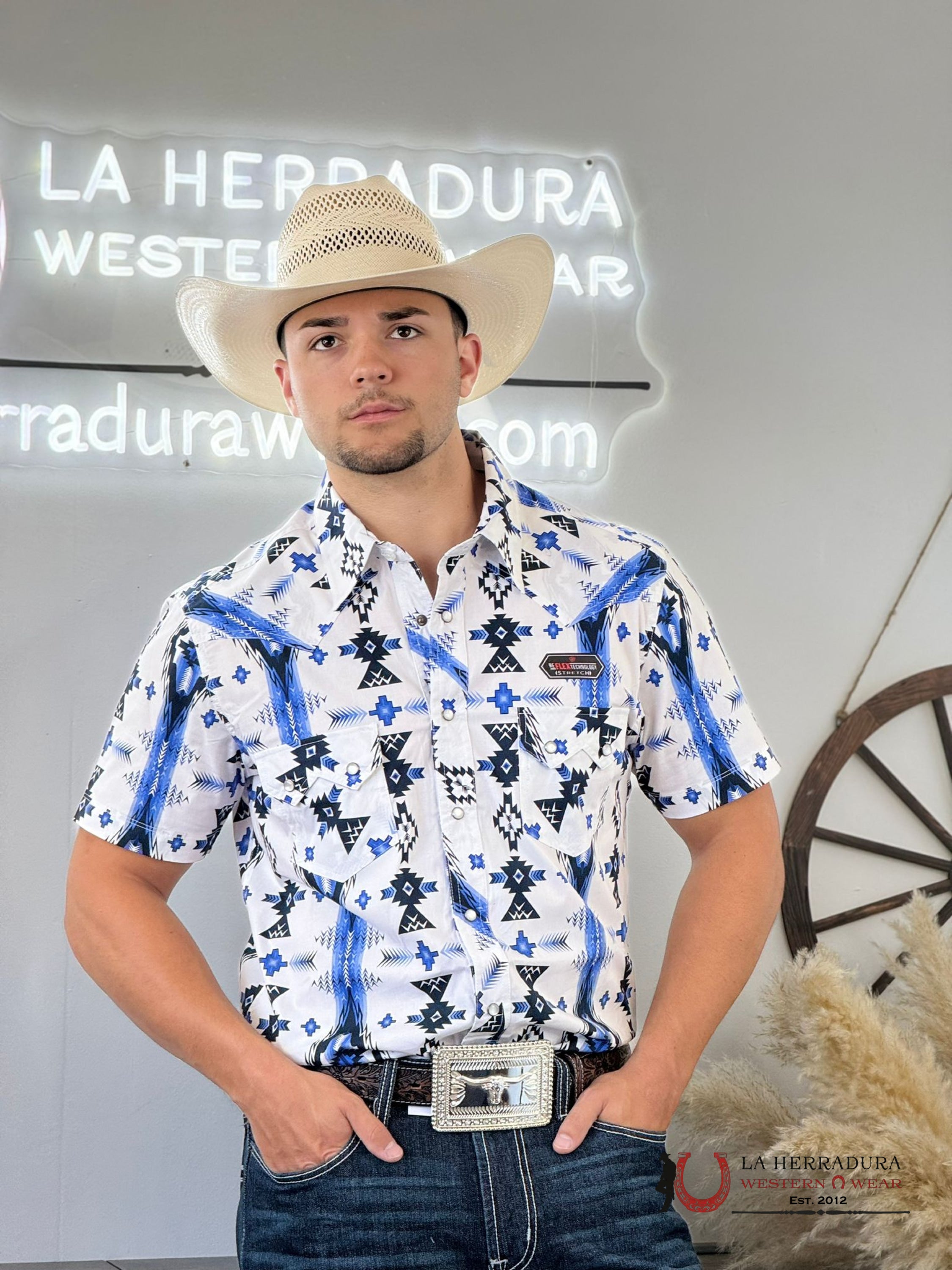 Rock&Roll Aztec Snap White Blue Short Sleeve Shirt 3930 Ropa Hombres