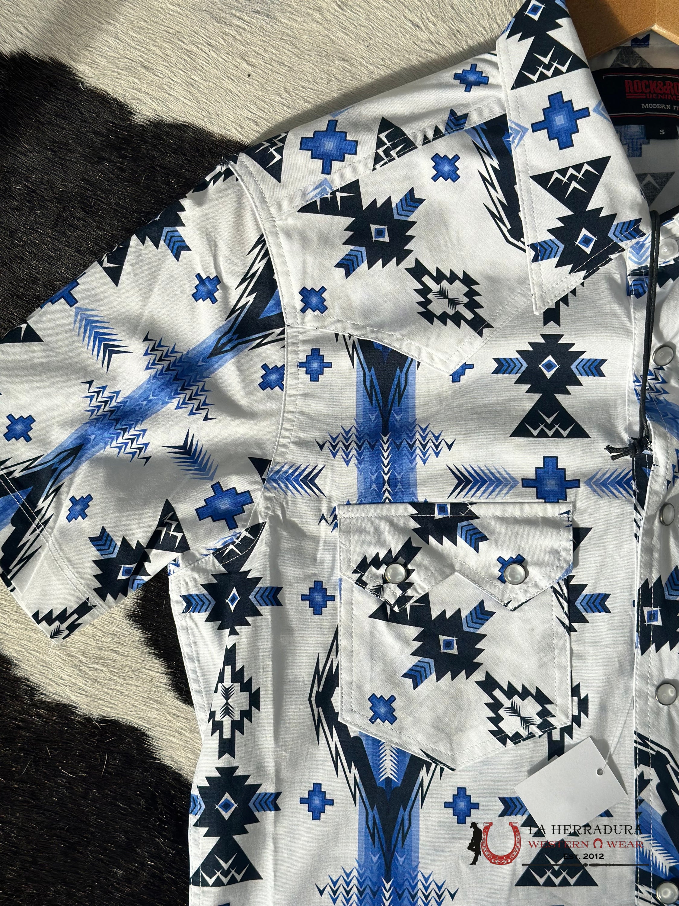 Rock&Roll Aztec Snap White Blue Short Sleeve Shirt 3930 Ropa Hombres