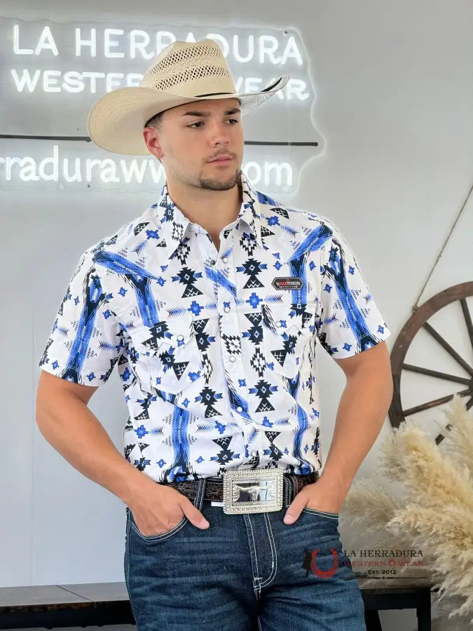 Rock&Roll Aztec Snap White Blue Short Sleeve Shirt 3930 Ropa Hombres