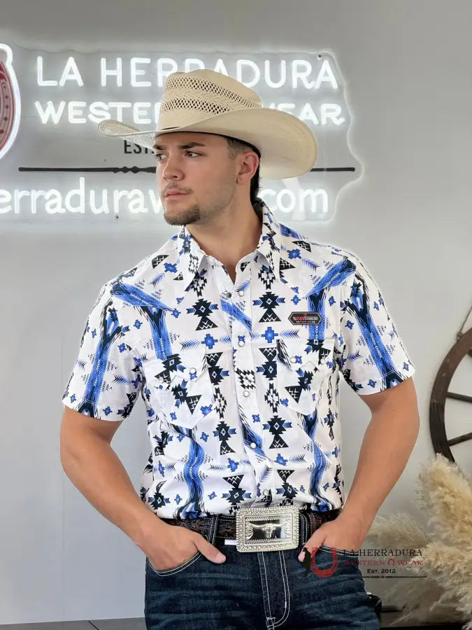 Rock&Roll Aztec Snap White Blue Short Sleeve Shirt 3930 Ropa Hombres