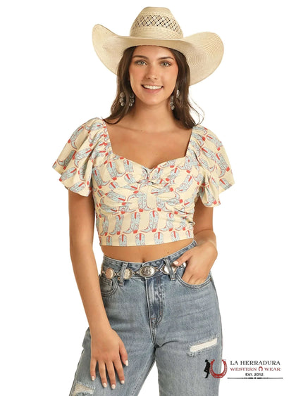 Rock&roll Beige top with blue boot print BW51T03911