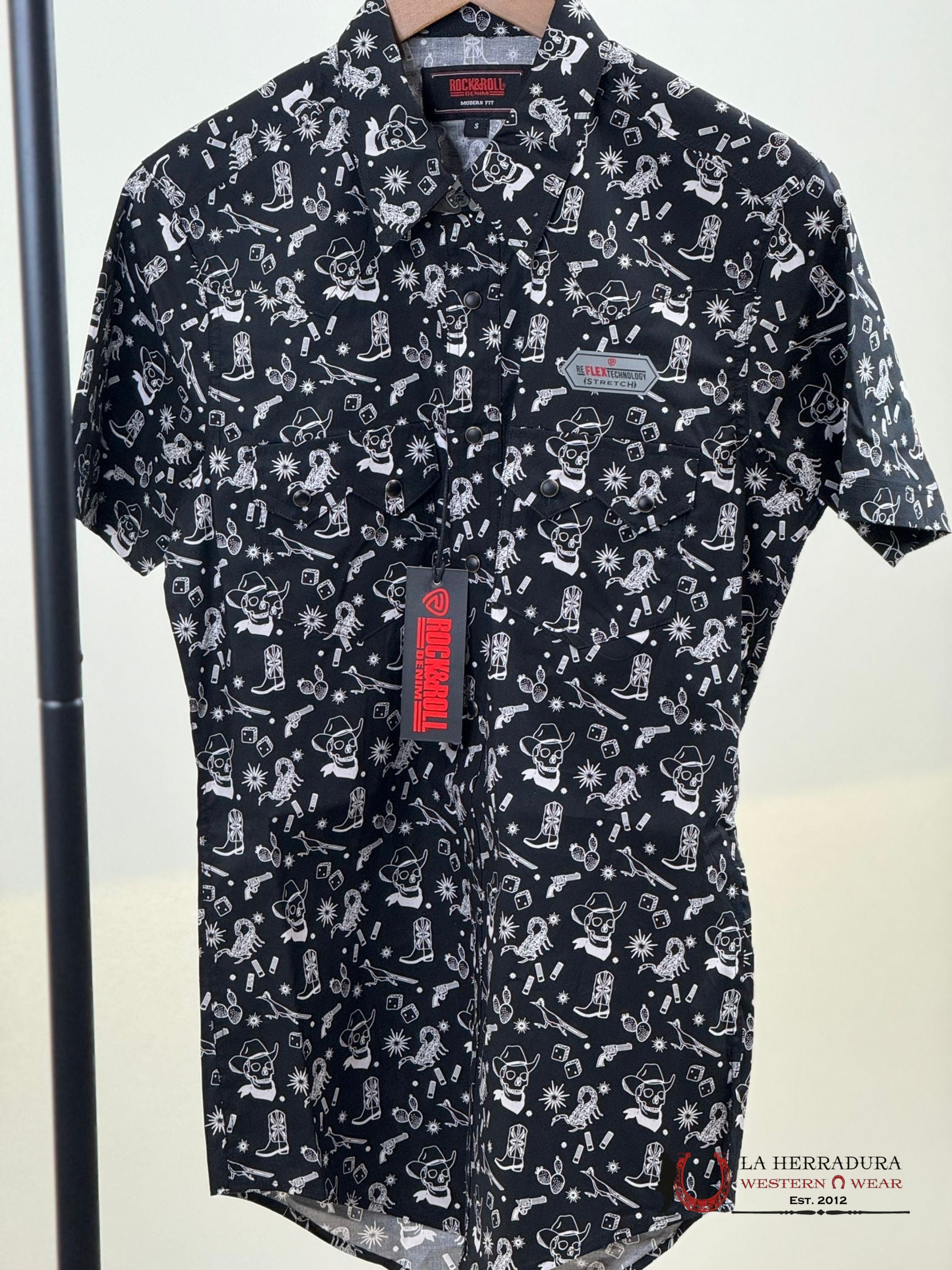 Rock&Roll Black 2Pkt Tattoo Snap Short Sleeve Shirt Ropa Hombres