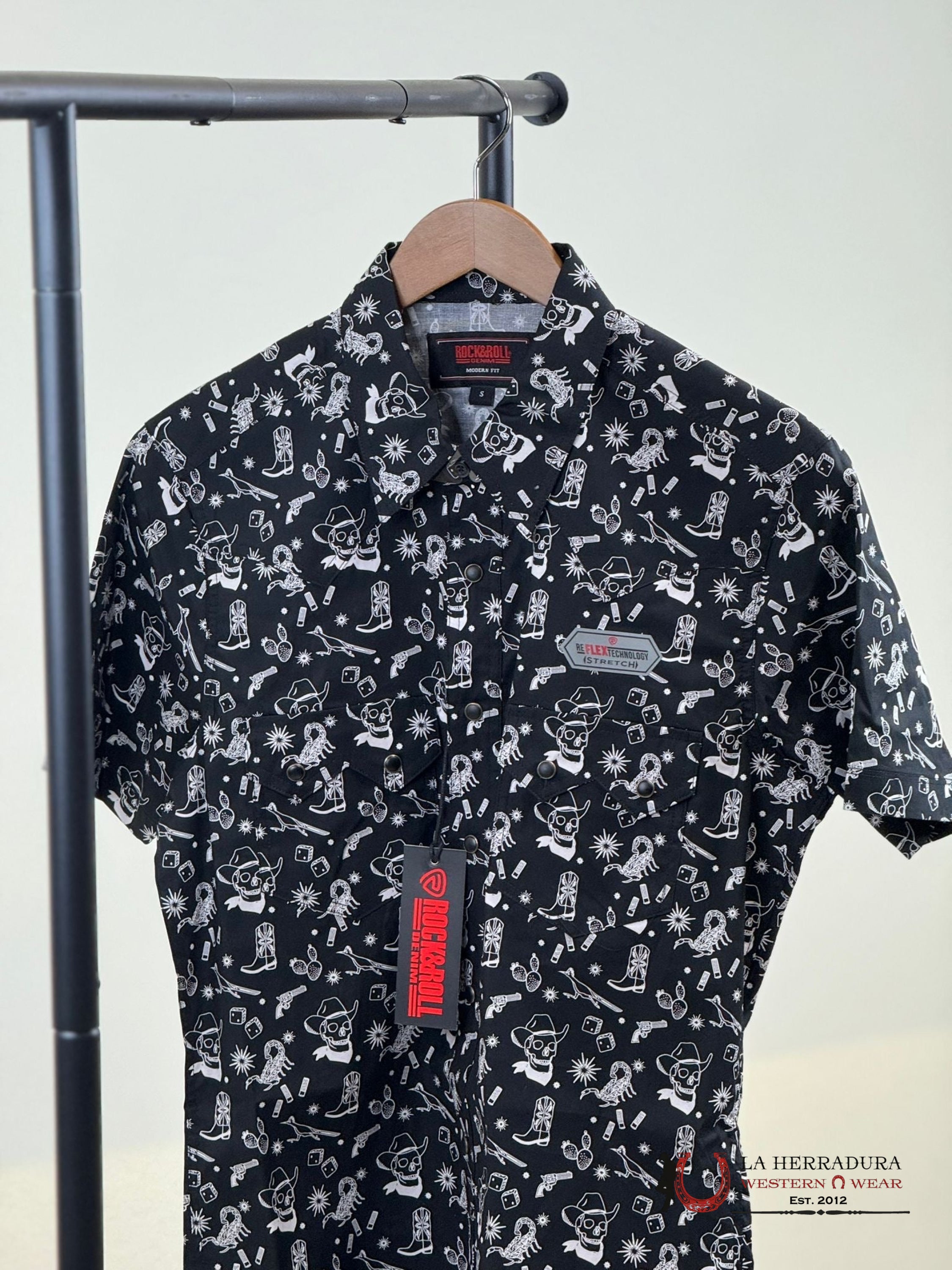 Rock&Roll Black 2Pkt Tattoo Snap Short Sleeve Shirt Ropa Hombres