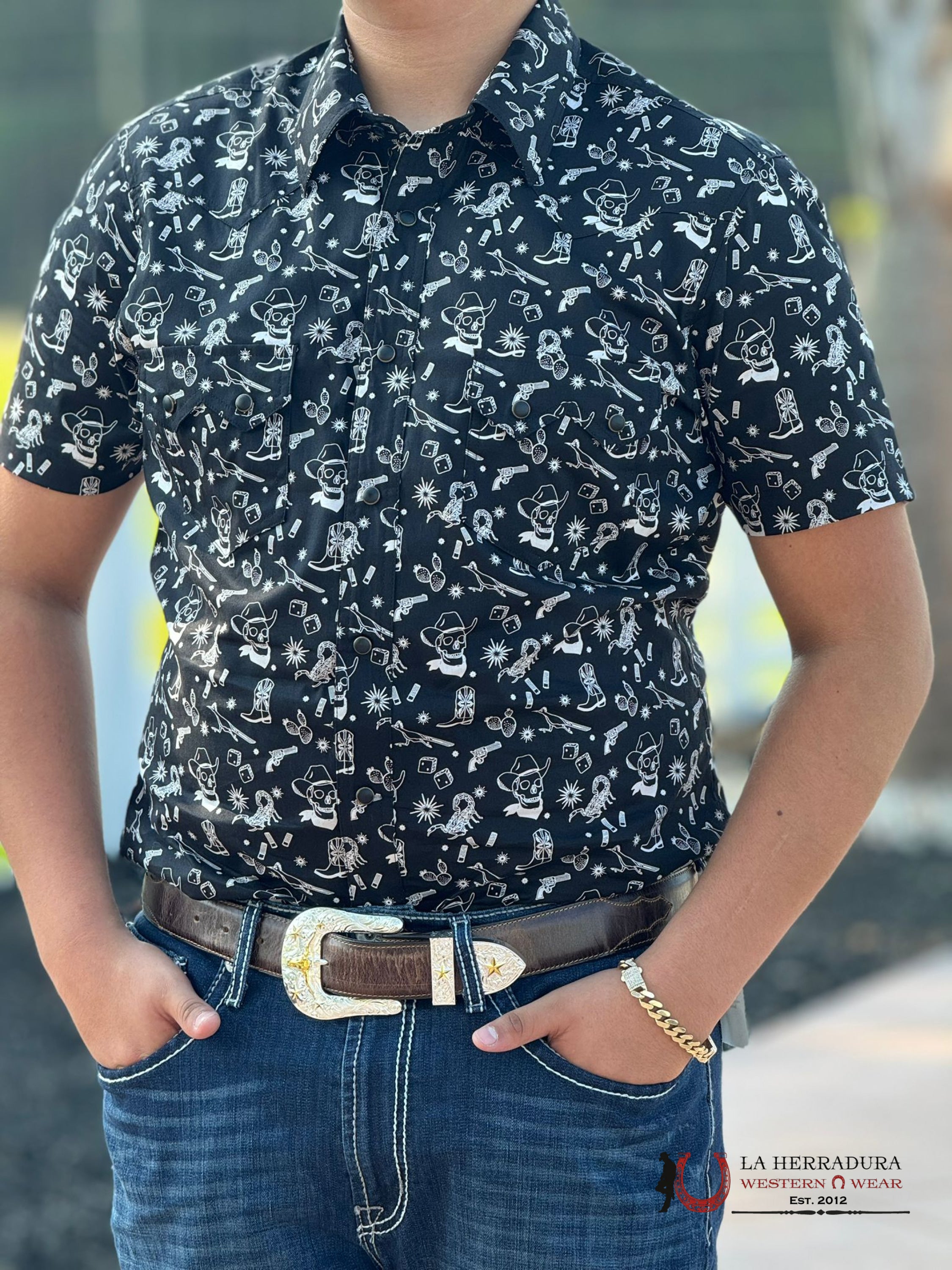 Rock&Roll Black 2Pkt Tattoo Snap Short Sleeve Shirt Ropa Hombres