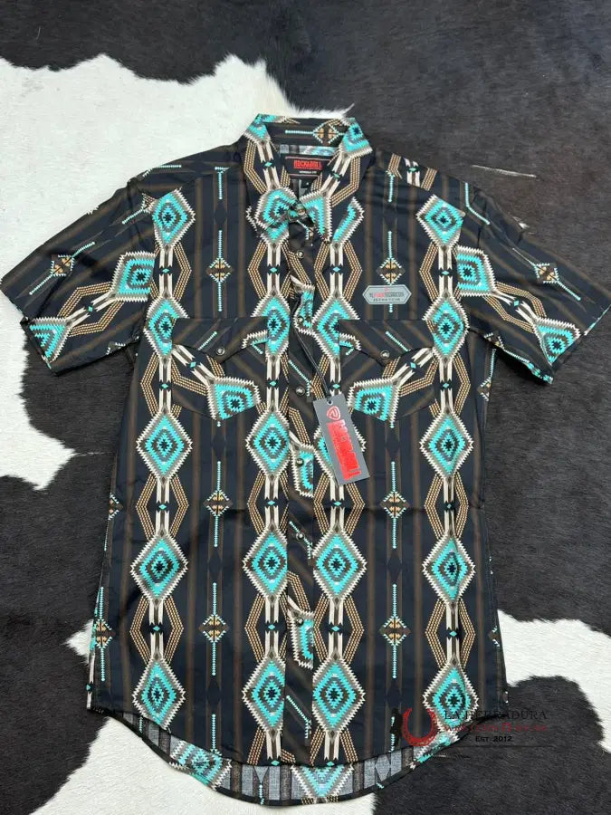 Rock&Roll Black Aztec Teal Snap Short Sleeve Shirt Ropa Hombres