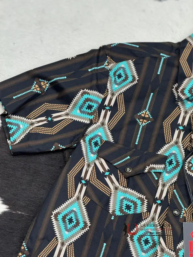 Rock&Roll Black Aztec Teal Snap Short Sleeve Shirt Ropa Hombres