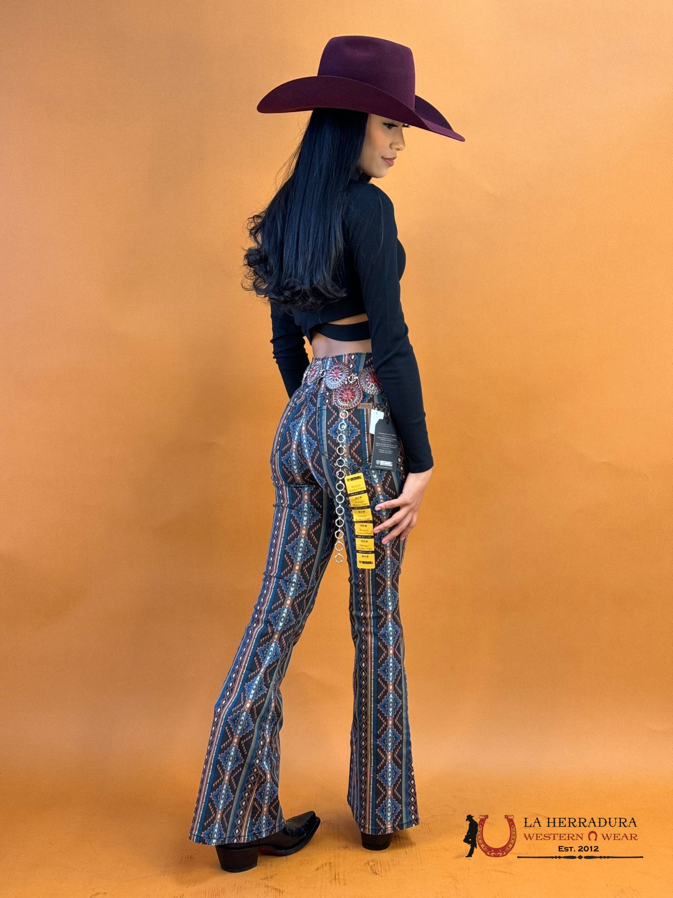 Rock&Roll Black & Orange Red Button Flare - 6104 Jeans Women