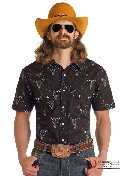 CAMISETA DE HOMBRE ROCK&ROLL NEGRA DE MANGA CORTA CON ESTAMPADO DALE LONGHORN - BMN3S05838