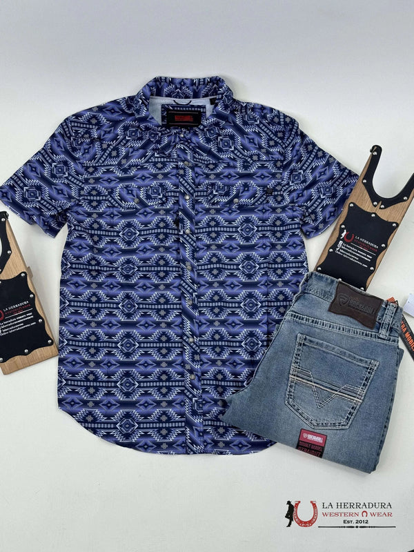 CAMISA MANGA CORTA AZTECA AZUL DE ROCK&ROLL 4802