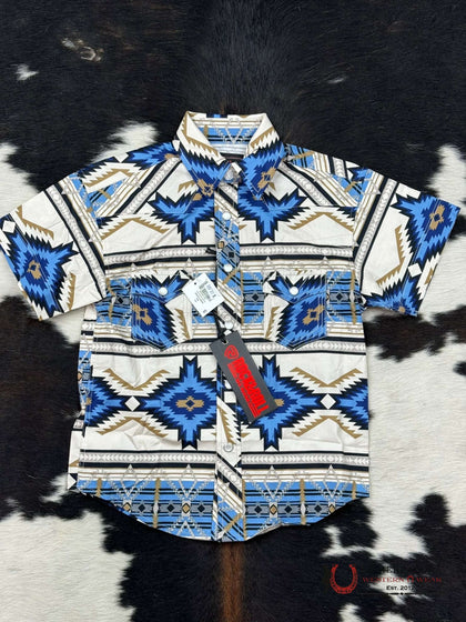 CAMISA MANGA CORTA DE CIERRE A PRESIÓN AZTECA ROCK&ROLL AZUL/BEIGE CLARO