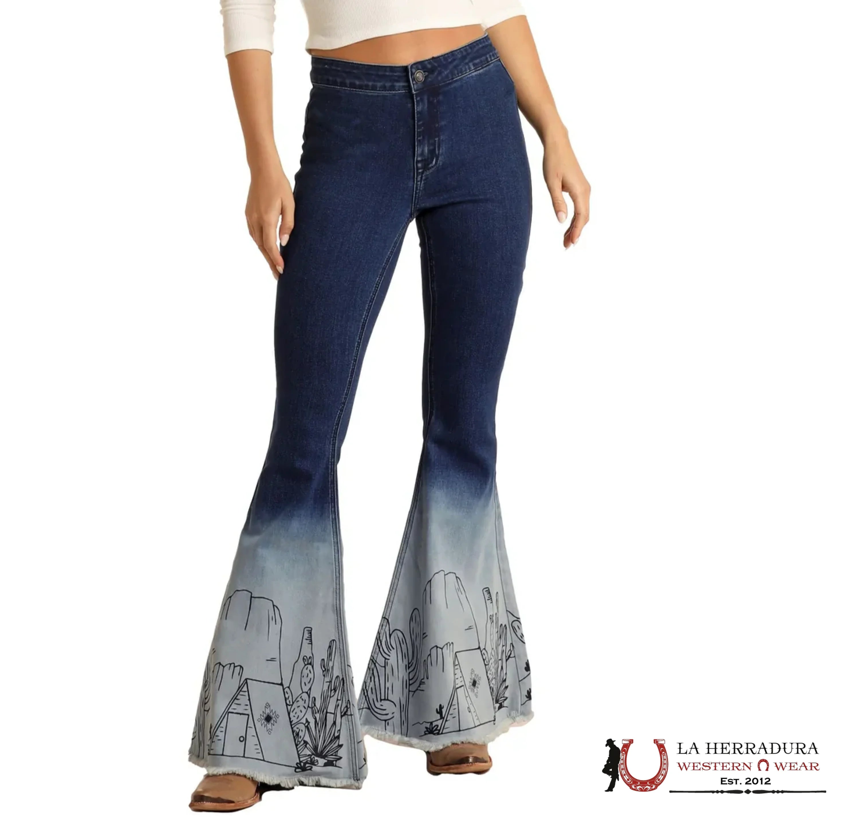 ROCK&ROLL Blue Ombre Printed Desert Design Flare Jeans ROCK&ROLL JEANS WOMEN