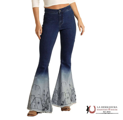 ROCK&ROLL Blue Ombre Printed Desert Design Flare Jeans RRWD7PRZU4