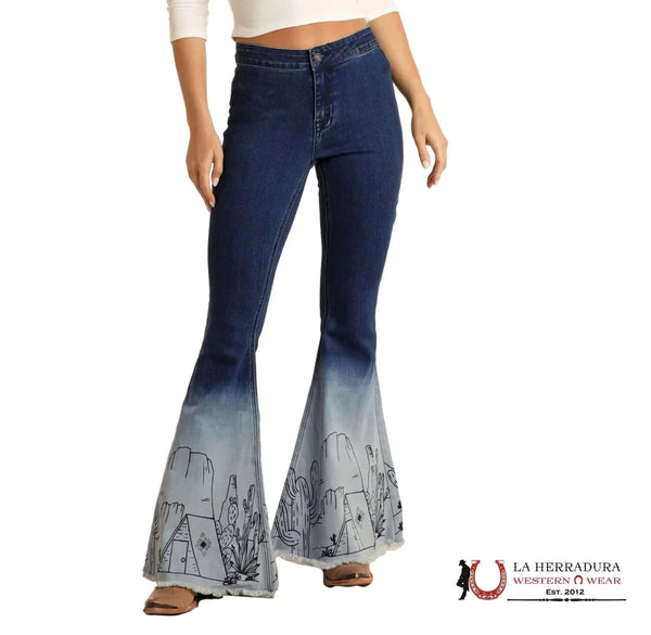 ROCK&ROLL Blue Ombre Printed Desert Design Flare Jeans RRWD7PRZU4