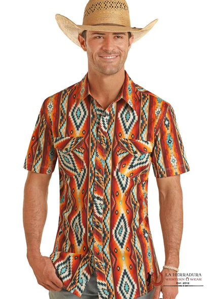 CAMISA DE MANGA CORTA ESTAMPADO AZTECA NARANJA AZUL ROCK&ROLL - BMN3s03953