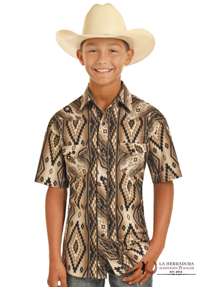 CAMISA DE MANGA CORTA NEGRA AZTECA CON BOTONES DE PRESIÓN PARA NIÑOS ROCK&ROLL BBN3S03939