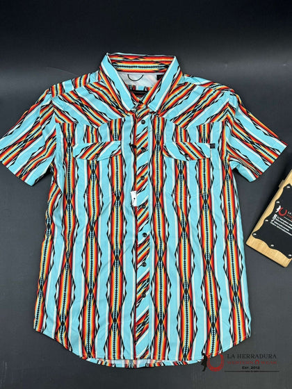 ROCK&ROLL BRIGHT TURQUOISE TEK AZTEC SNAP SHORT SLEEVE SHIRT