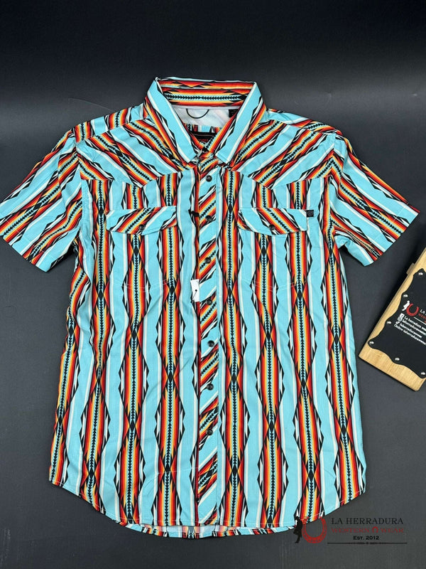 CAMISA DE MANGA CORTA AZTECA AZUL TURQUESA BRILLANTE ROCK&ROLL TEK