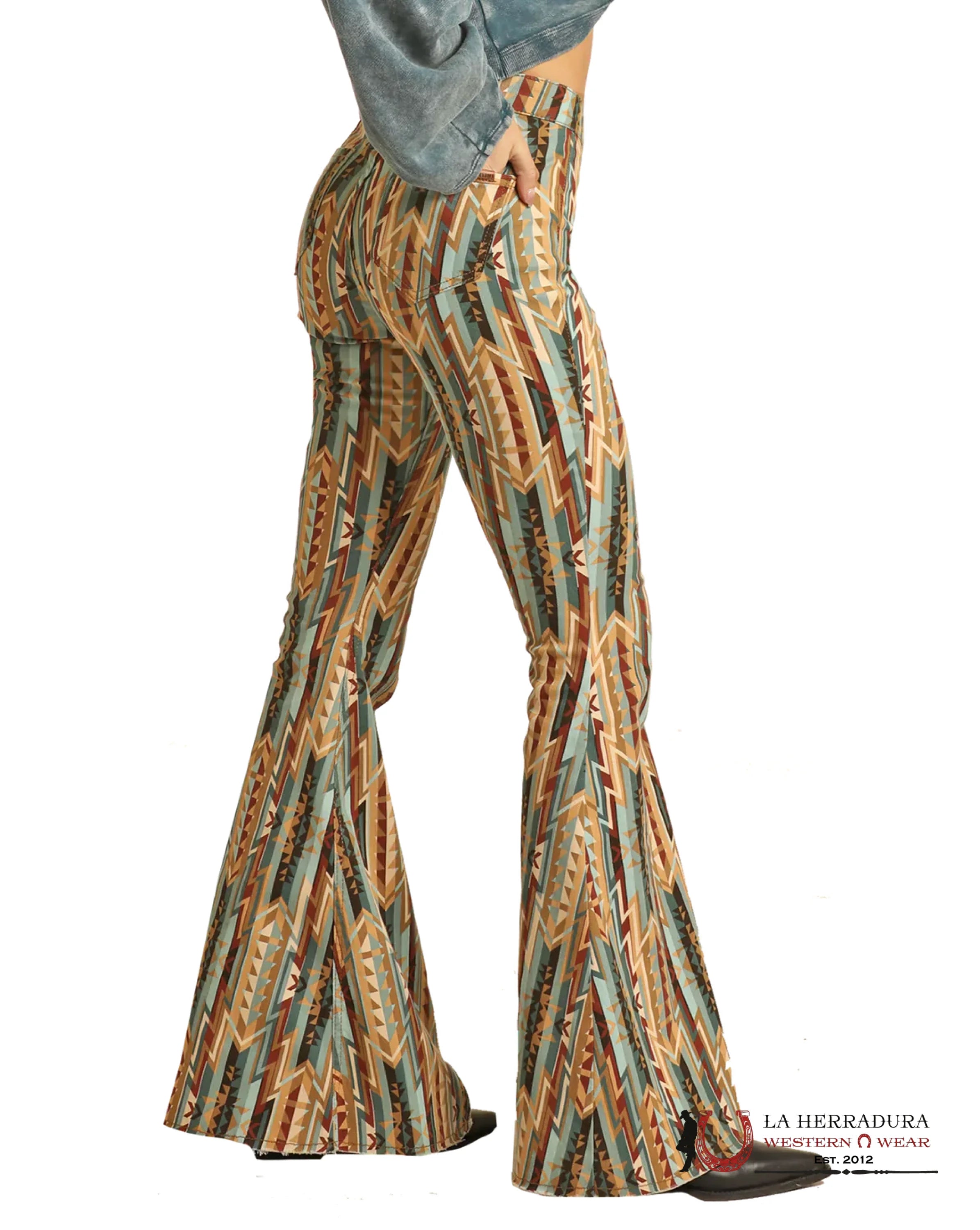 ROCK&ROLL Blue/Yellow Aztec Flare Jeans - 3043 ROCK&ROLL JEANS WOMEN