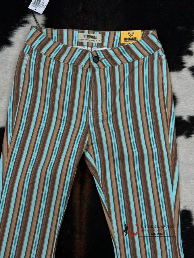 Rock&Roll Brown Aztec Stripe Button Flare Jeans Women