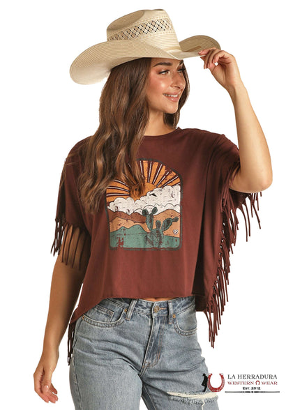 Rock & Roll BROWN CACTUS FRAM FRINGE GRAPHIC TANK TOP RRWT21R0YM