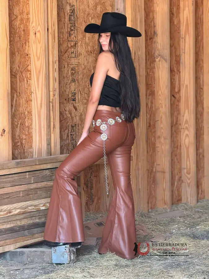 Rock&Roll Brown Faux Leather Flare Jeans Jeans Women