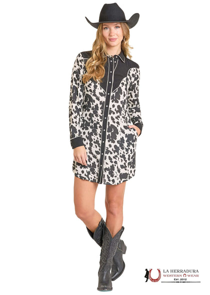 VESTIDO DE CANESÚ NEGRO CON ESTAMPADO DE VACA ROCK&ROLL LWD2R07056