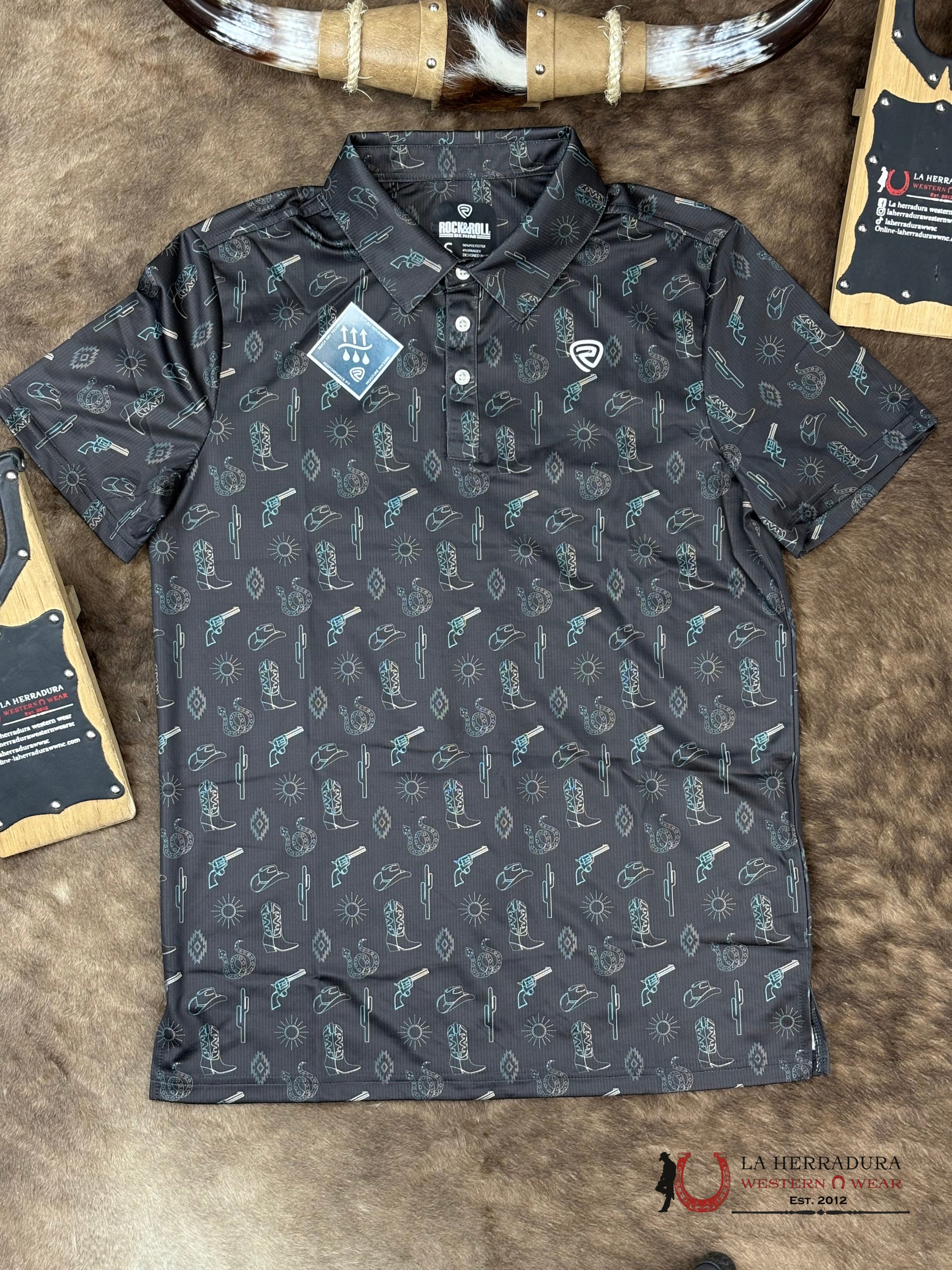 ROCK&ROLL Dark Brown Conversational Western Print Short Sleeve Shirt ROPA HOMBRES