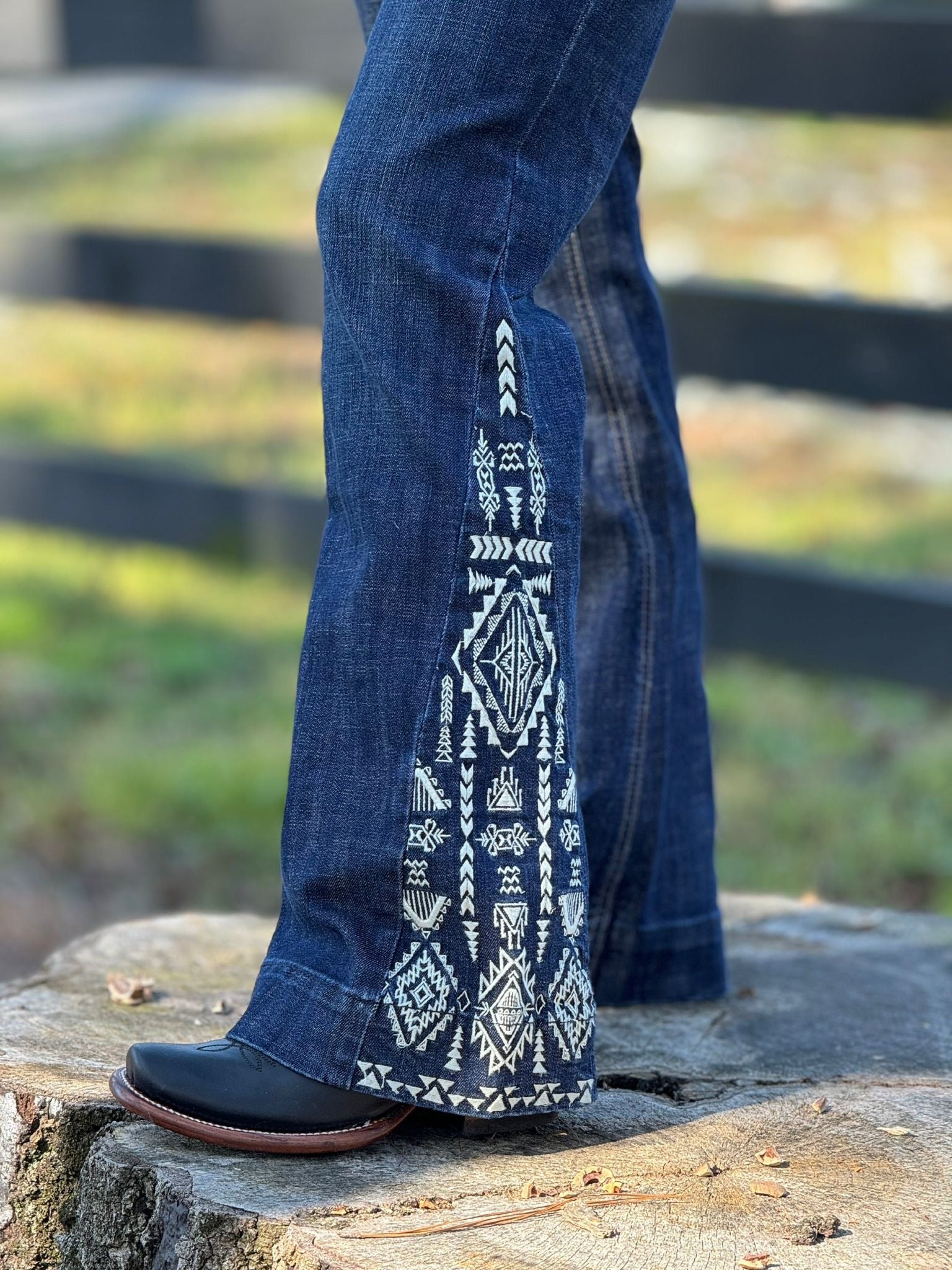 Rock&Roll Dark Wash Side Insert Embroidered Trouser Jeans Women