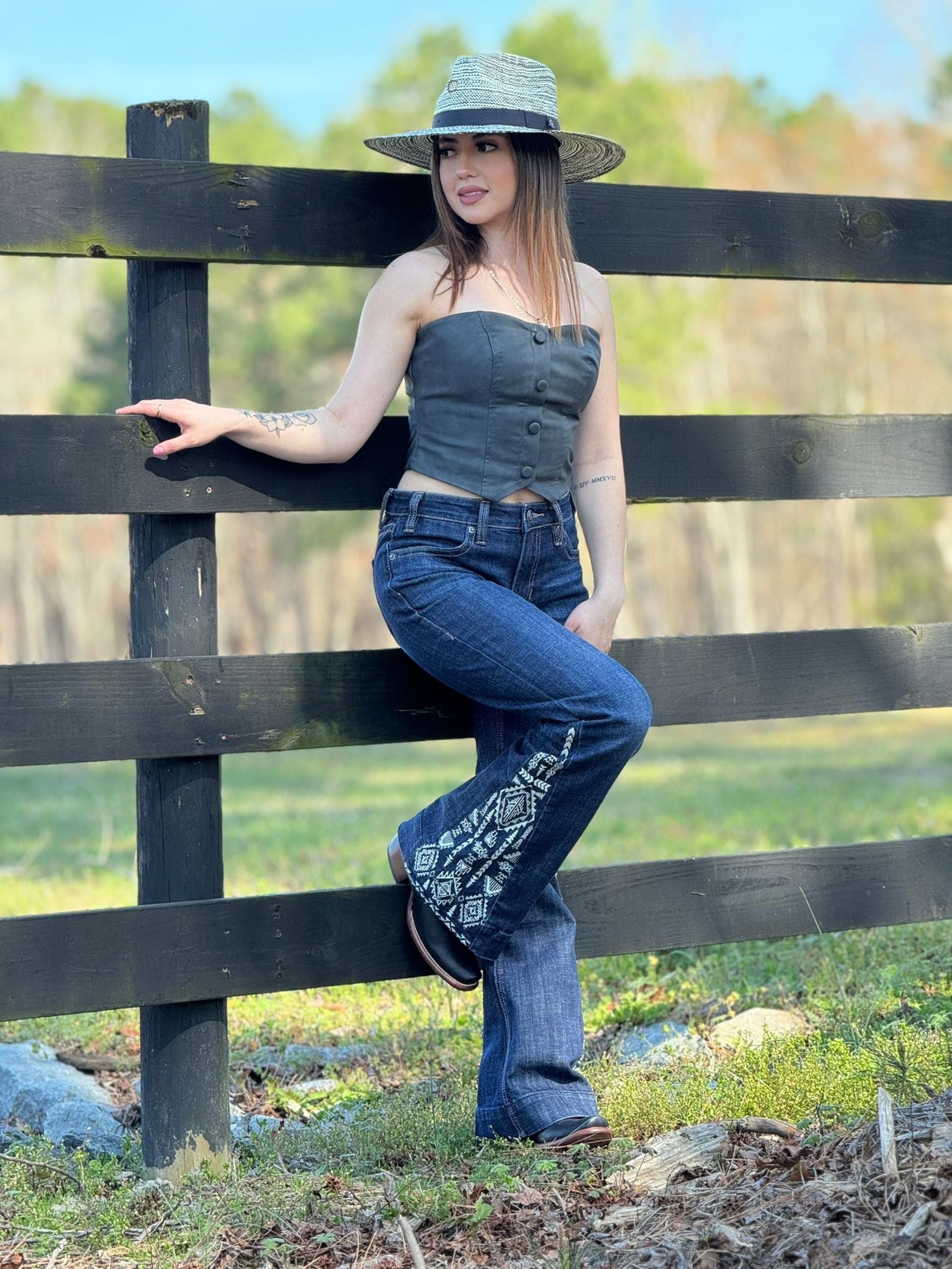 Rock&Roll Dark Wash Side Insert Embroidered Trouser Jeans Women