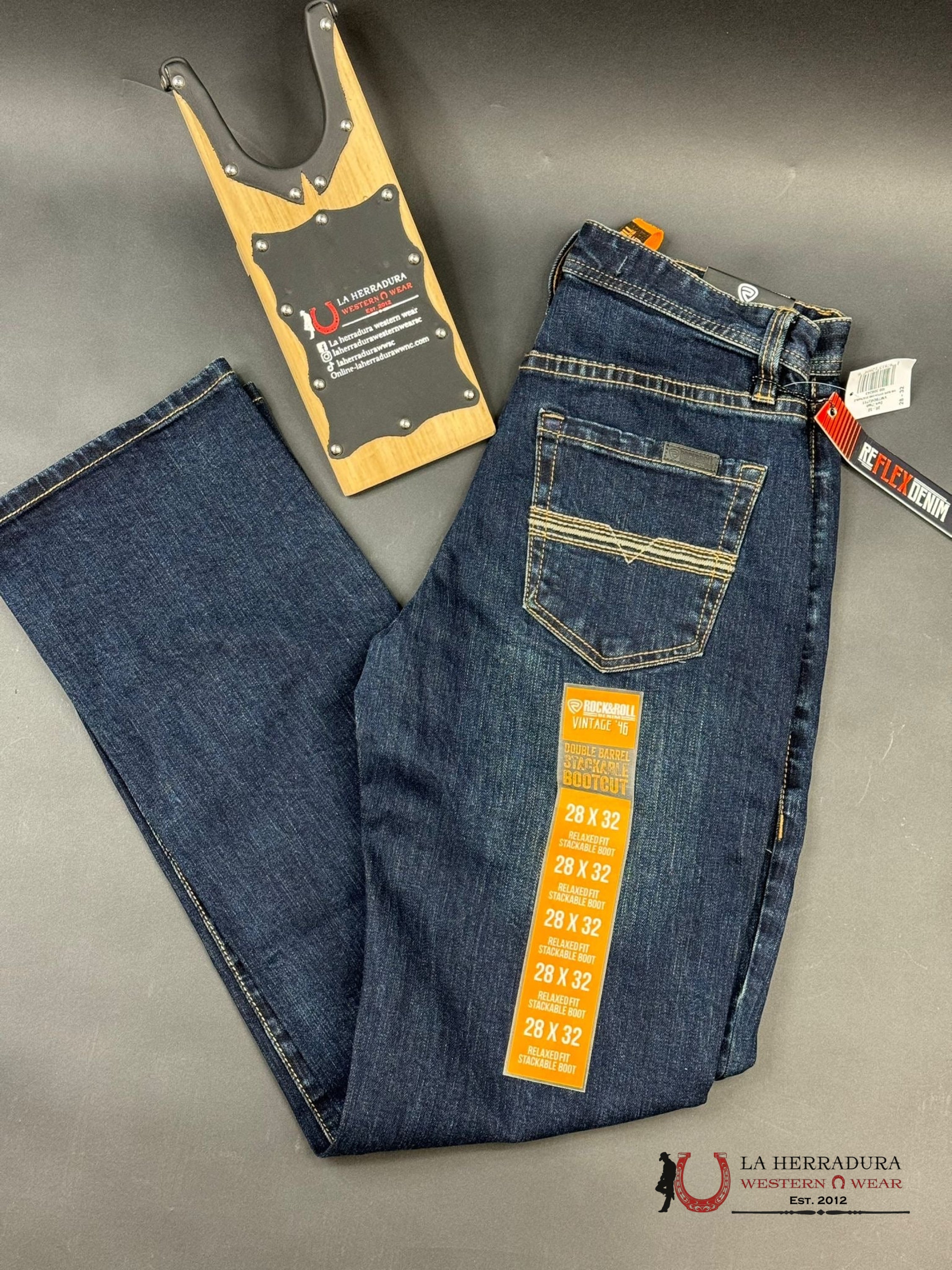 Rock&Roll Denim Dark Wash V46 Rope Stitch Embroidered Double Barrel Stackable Relaxed Fir Bootcut