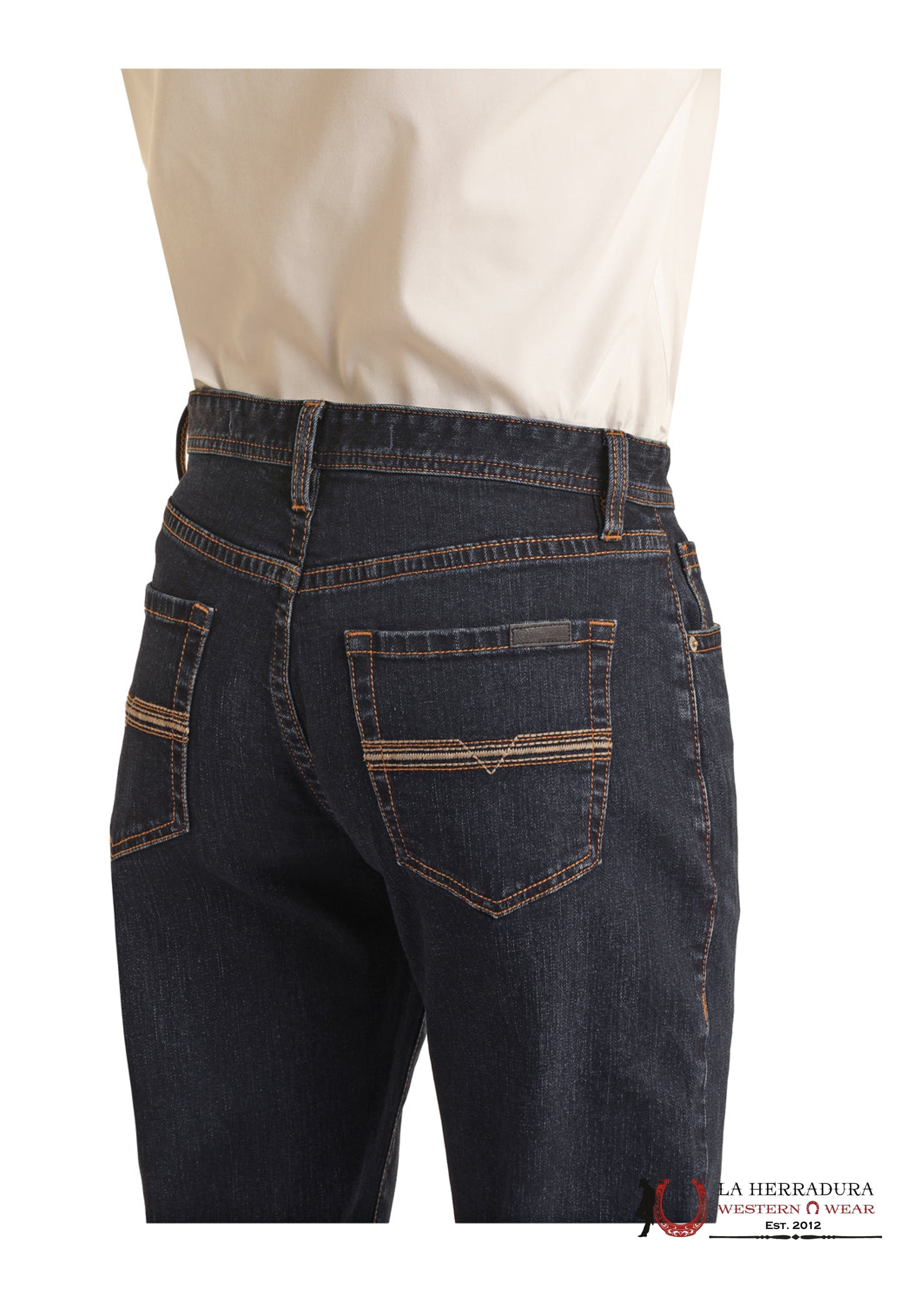 ROCK&ROLL DENIM DARK WASH V46 ROPE STITCH EMBROIDERED DOUBLE BARREL STACKABLE RELAXED FIR BOOTCUT - VMTBD03711 ROPA