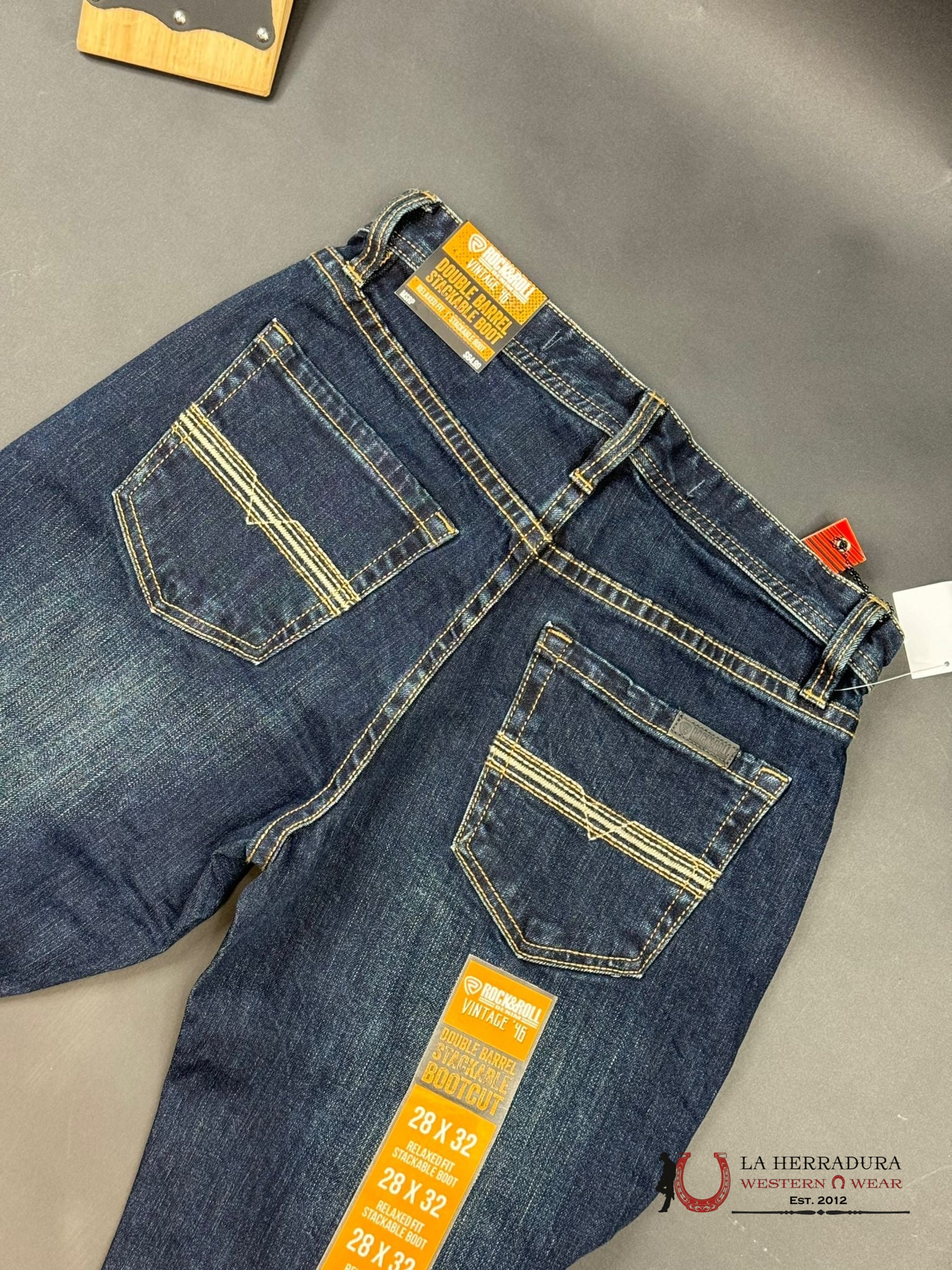 Rock&Roll Denim Dark Wash V46 Rope Stitch Embroidered Double Barrel Stackable Relaxed Fir Bootcut