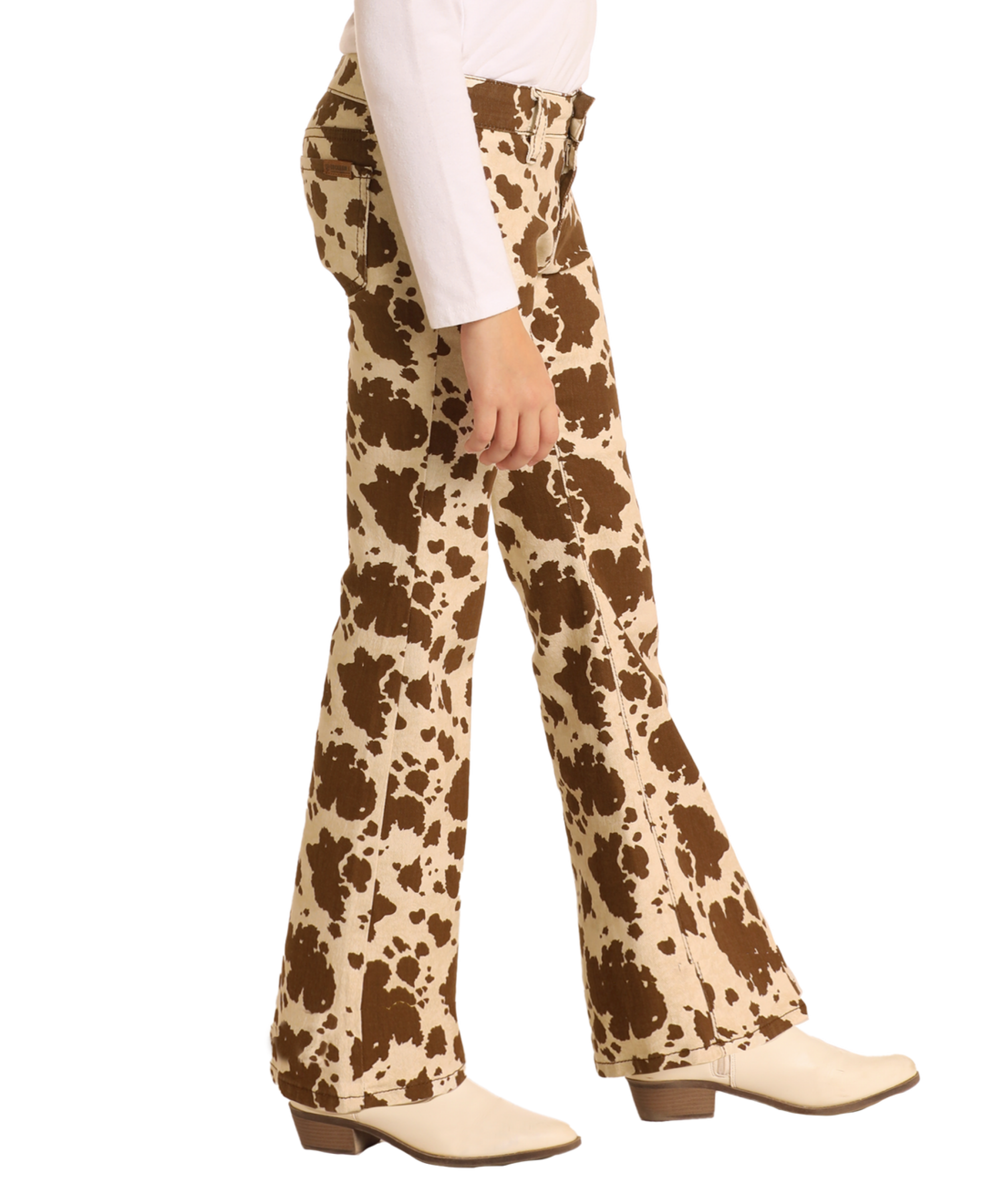 Rock & Roll Denim Girl’s Oatmeal Chocolate Cow Print Flare Leg Jeans Niños