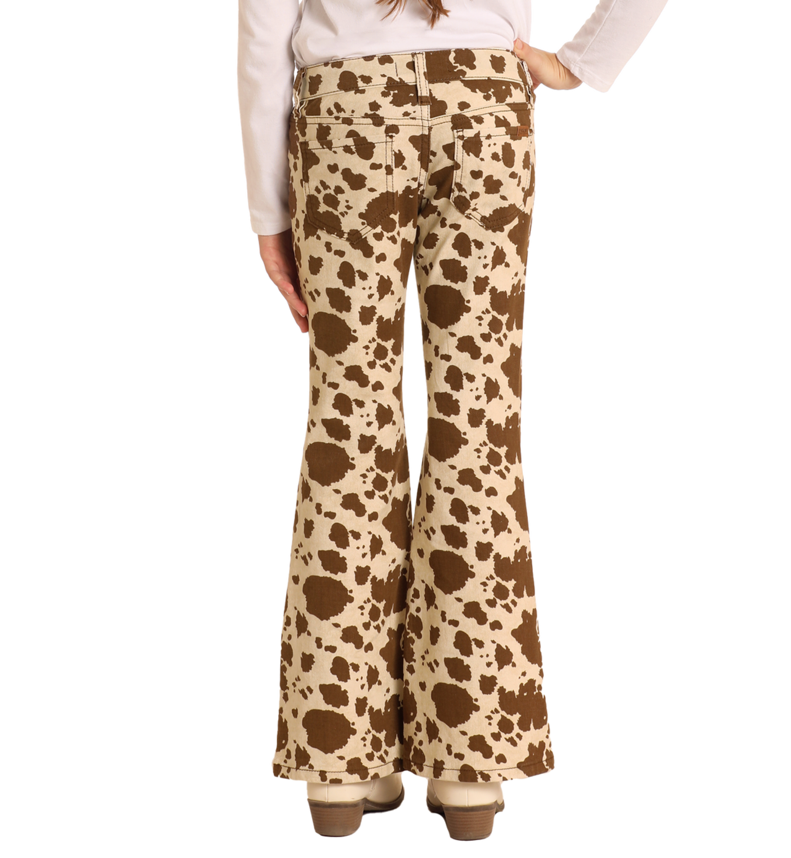 Rock & Roll Denim Girl’s Oatmeal Chocolate Cow Print Flare Leg Jeans Niños
