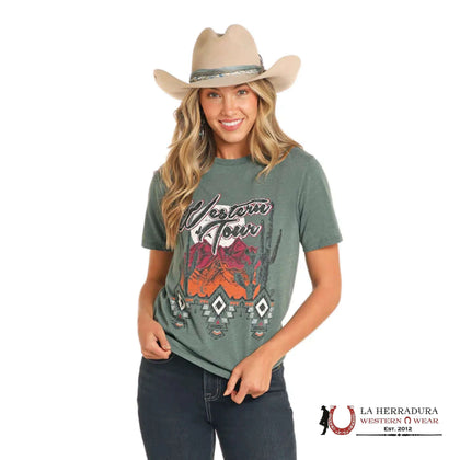 Rock&Roll Denim Ladies Teal Western Tour Graphic T-Shirt BW21T04525